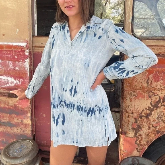 💙BLU Pepper Anthropologie Tie Dye Denim Shirt Dress Tunic - Picture 3 of 8